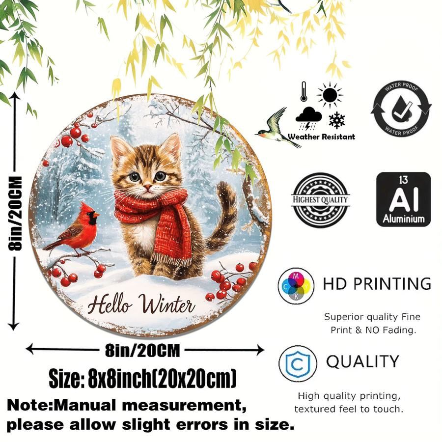 Vintage Wandkunstschild aus Aluminium von Potdemiel mit Weihnachtskatze und Kardinal, runde Winterszene, Mehrfarbig, Durchmesser: 20,32 cm - Bild 2