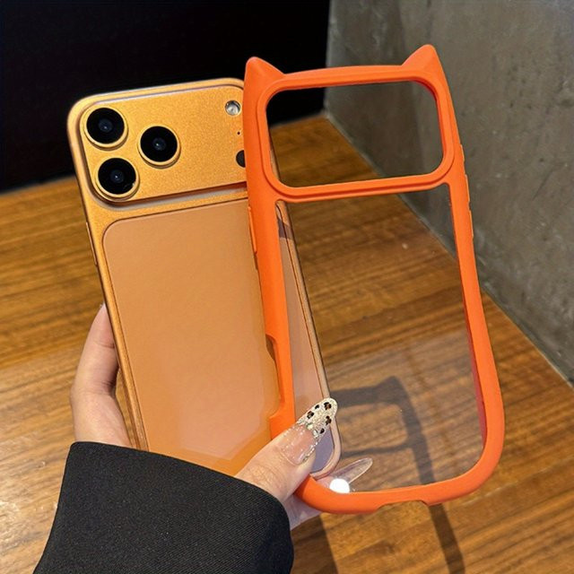 Jinitaimeik Transparente TPU-3D-Katzenohr-Handyhülle für iPhone 13, 14, 15, 16, 17 Pro Max Plus, Stoßfeste Acryl-Schutzhülle in Orange - Bild 1