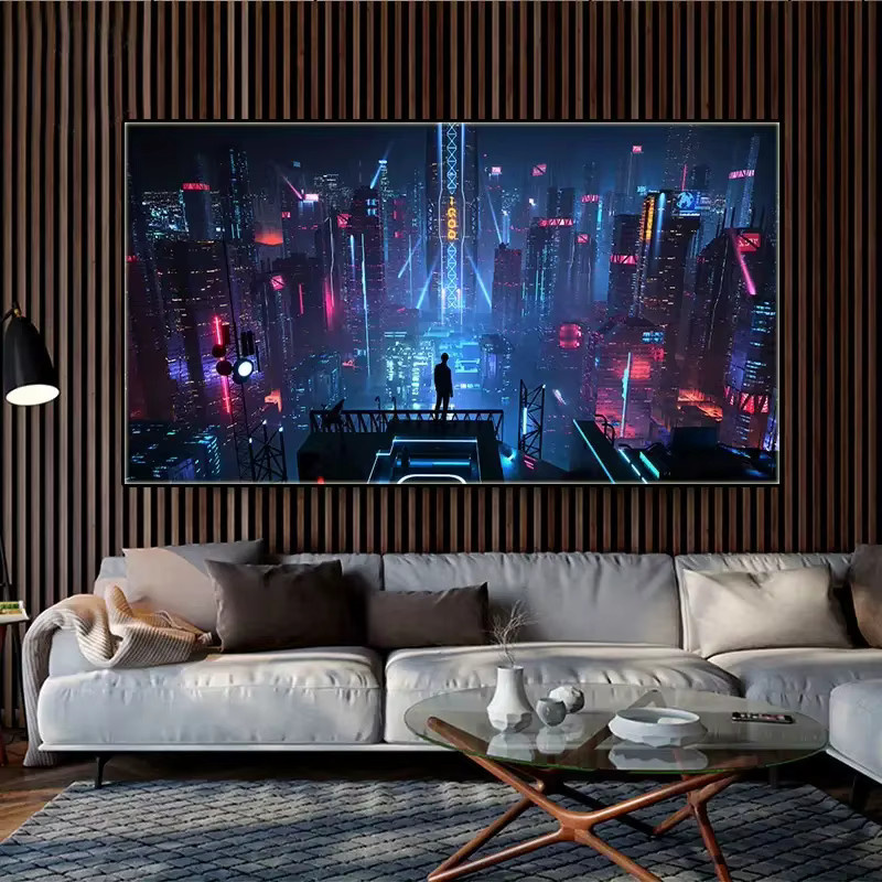 Cyberpunk Sci-Fi Leinwand Kunstdruck HALFLEMART mit Neonlichtern und nächtlicher Stadtlandschaft in Multicolour - Bild 3