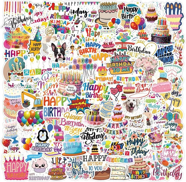 110 Stück GOGOTU Alles Gute Zum Geburtstag Aufkleber, Cartoon Graffiti Dekoration, Wasserdicht, Multicolour - Bild 1