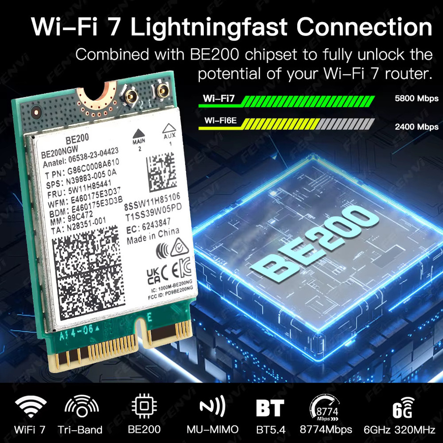 Fenvi WiFi 7 BE200 M.2 NGFF Netzwerkkarte mit Bluetooth 5.4, Tri-Band 2.4G/5G/6GHz, 8774Mbps, für Laptop mit Windows 10/11 - Bild 2
