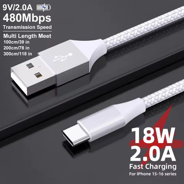 18W USB Typ-C Ladekabel und Datenkabel in Schwarz für iPhone 16 15, Samsung, Xiaomi und weitere Geräte - Bild 1