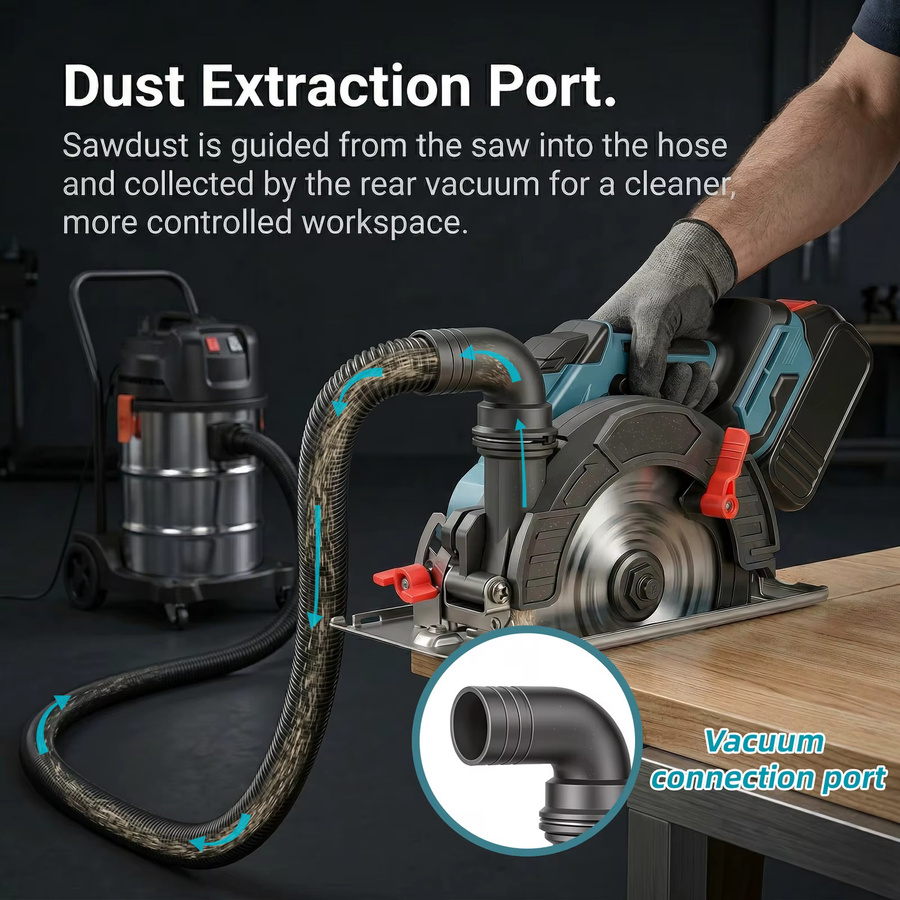 Betuyoo Akku-Kreissäge 150mm mit bürstenlosem Motor, 1200W, 8000 U/min, blau, inklusive 1500-mAh-Akku-Kit mit Staubabsauganschluss und Fasenschneider 0-45° - Bild 5