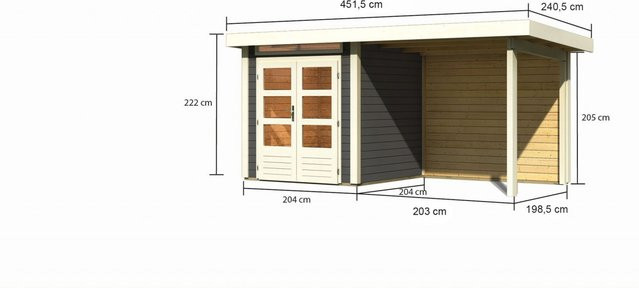 Gartenhaus KARIBU aus Fichtenholz in Grau mit Pultdach, Anbaudach und Rückwand, B/T: 204 x 204 cm, Wandstärke: 28 mm - Bild 1