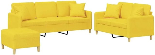 vidaXL 3-teilige Sofagarnitur in Hellgelb mit Stoffbezug, 2-Sitzer, 3-Sitzer und Ottoman im modernen Design inklusive Kissen - Bild 1