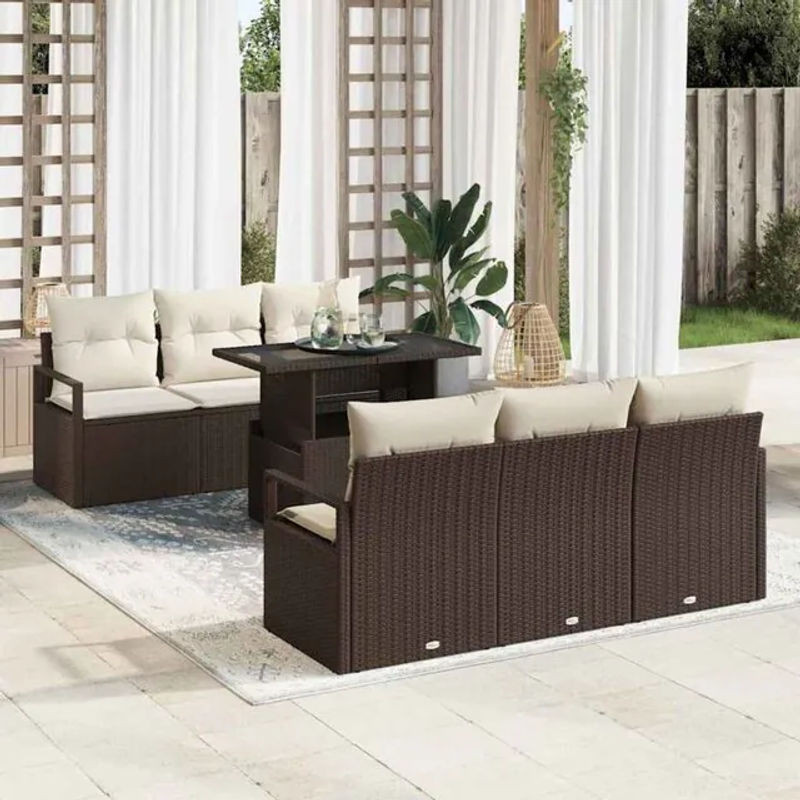 Vidaxl Gartenmöbel-Set aus 7 Teilen in Braun und Beige aus Polyrattan und Stahl mit Glas, B/T/H: 100 x 55 x 73 cm - Bild 1