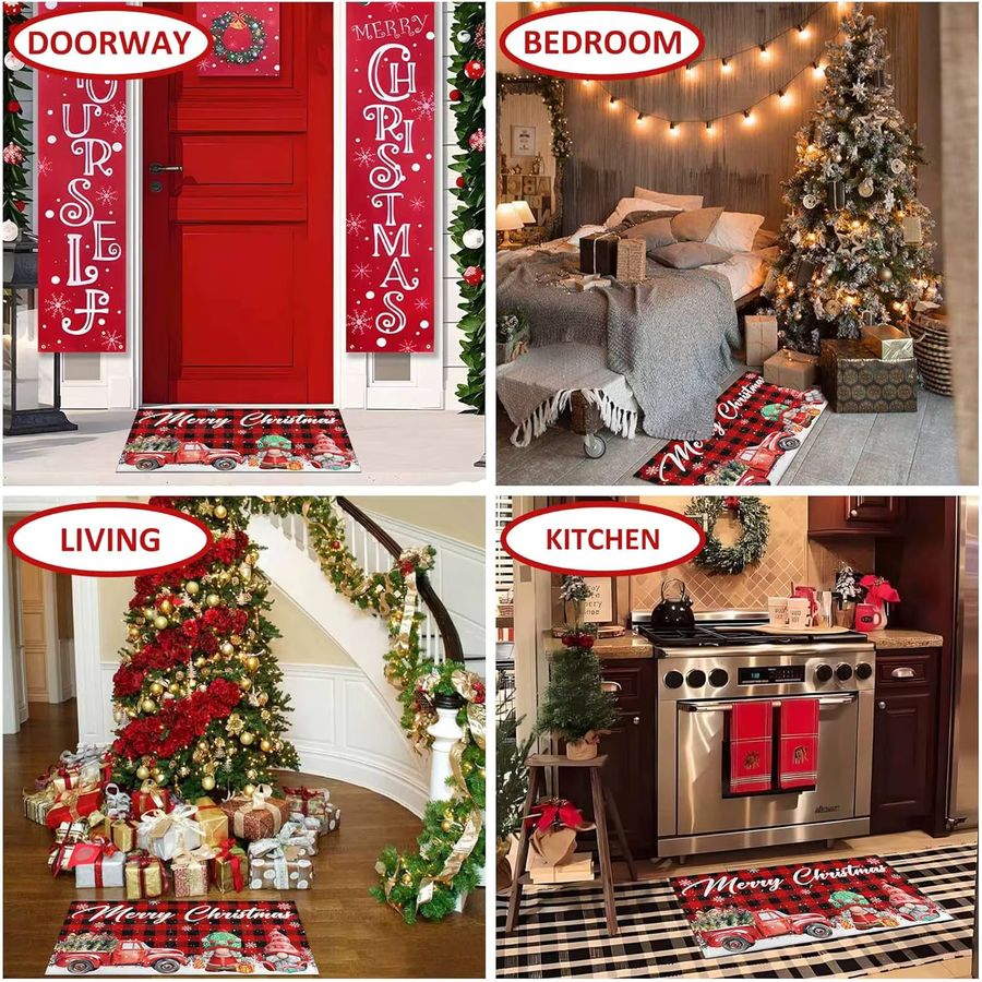VIKAMA Rutschfeste Fußmatte mit Weihnachtsmotiv, rote LKW-Zwerge und Schneeflocken in Büffelkaro-Design für deine Winterdekoration - Bild 5