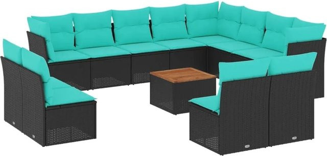 vidaXL 13-teilige Garten-Sofagarnitur aus Poly-Rattan und Akazienholz in Schwarz mit Kissen - Bild 1