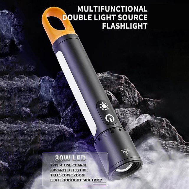 Multifunktionale Taschenlampe in Schwarz mit Zoom-Funktion, Magnethaken und Seitenlichtern - Bild 1