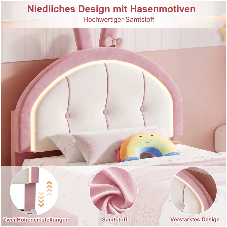 Rosahqnda Polsterbett für Kinder in Rosa mit Samtbezug, Kaninchen-Design, verstellbarem Kopfteil und LED-Beleuchtung, B/T/H: 90 x 200 cm - Bild 3
