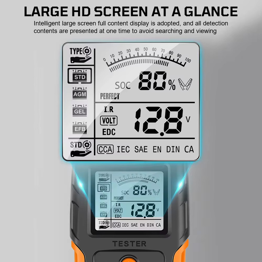 JFIND Digitaler Batterietester für 12V und 24V, Batterieanalysator für AGM, GEL und Nassbatterien, Diagnosewerkzeug für Anlasser und Ladung für Auto und LKW, Orange - Bild 4