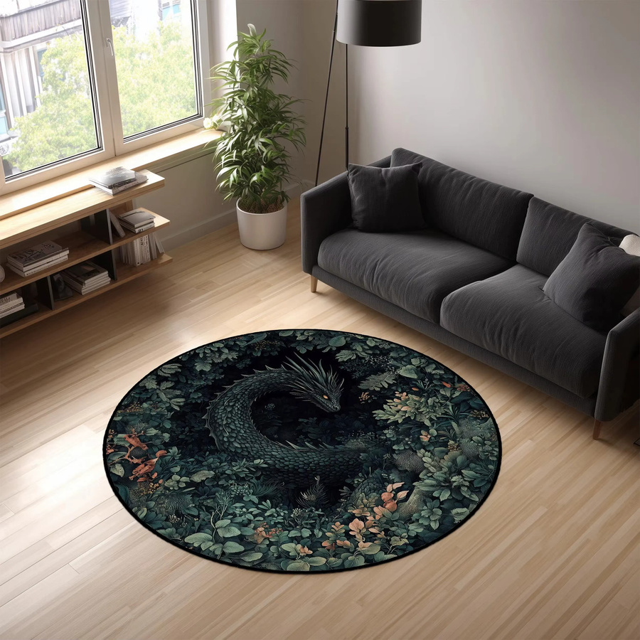 Runder Teppich mit Fantasy-Wald-Drachen-Muster in Multicolour, rutschfeste Bodenmatte für Wohnzimmer, Schlafzimmer oder Badezimmer - Bild 2