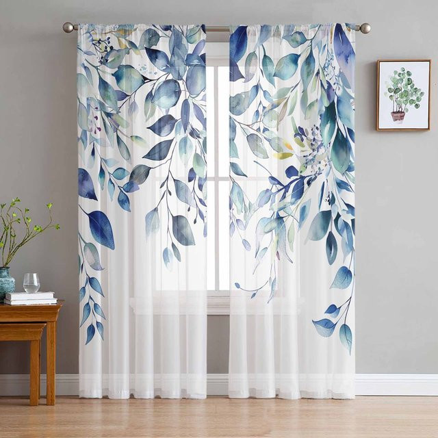 Yiran Furniture Transparenter Tüllvorhang mit abstraktem salbeigrünem Blätter- und Zweigmuster, Organza-Voile für Wohnzimmer und Küche, Breite: 135 cm, Höhe: 115 cm - Bild 1
