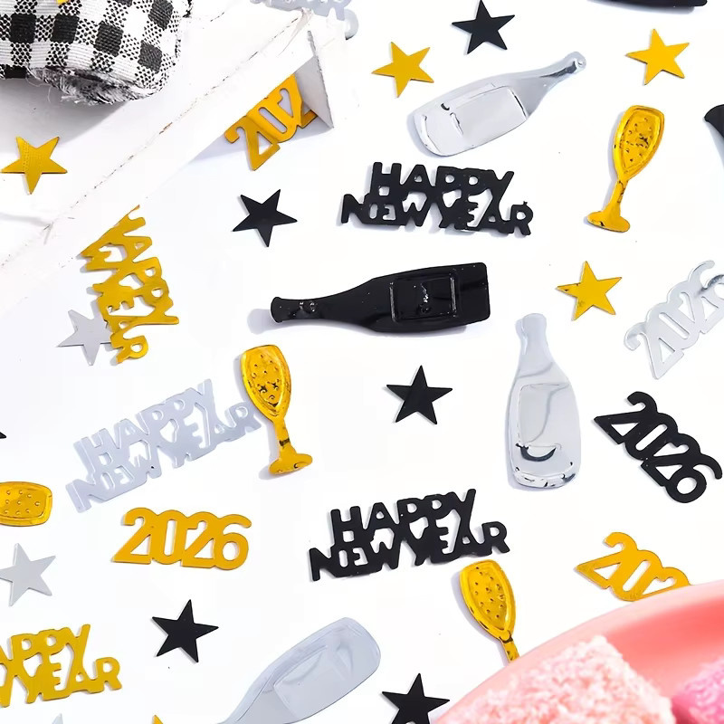 300 Stück Glitzer-Konfetti für Silvester 2026 in Gold und Schwarz mit Zahlen zur Partydekoration - Bild 2