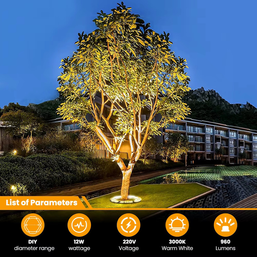 Wasserdichte LED-Ring-Baumleuchte aus Aluminium für den Außenbereich, verstellbare Palmen-Uplight mit warmweißem Licht für Garten und Hof, AC220V - Bild 2