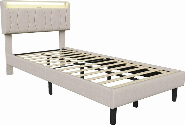 PXloue Polsterbett mit LED-Unterbettbeleuchtung, USB-Anschluss und integrierter Leselampe, Beige, B/T/H: 90 x 200 x 106 cm - Bild 1