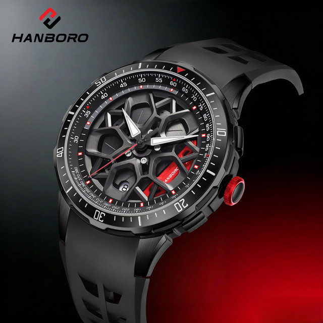 HANBORO Armbanduhr Automatik, Edelstahl, Kautschuk, Schwarz, Herren - Bild 1