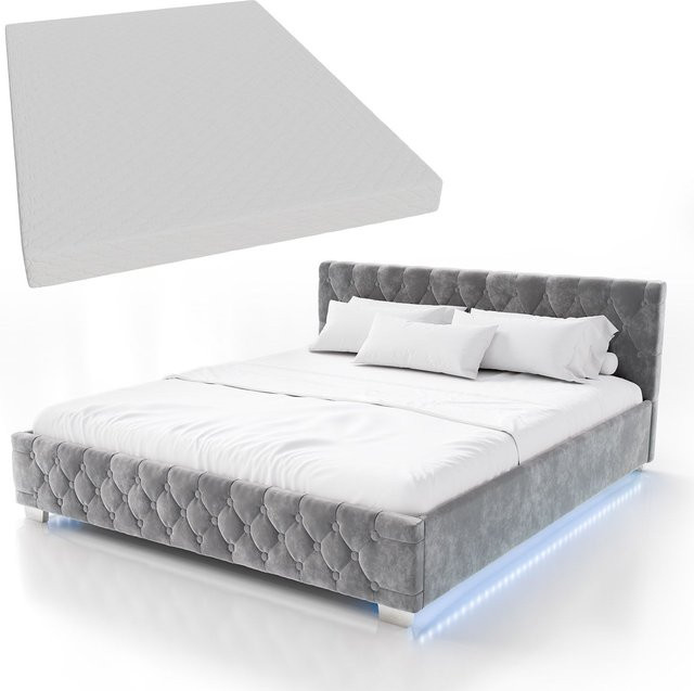 Juskys Polsterbett Nizza in Chesterfield-Optik mit Samtbezug und indirekter LED-Beleuchtung, Dunkelgrau, B/T/H: 180 x 200 cm - Bild 1