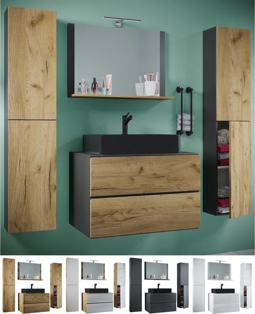 VCM Badmöbel Set Lendas S BL in Schwarz und Braun, 5-tlg. Waschplatz mit schwarzem Keramik-Waschtisch, Unterschrank, Spiegelschrank und Hochschrank, Breite: 60 cm - Bild 1