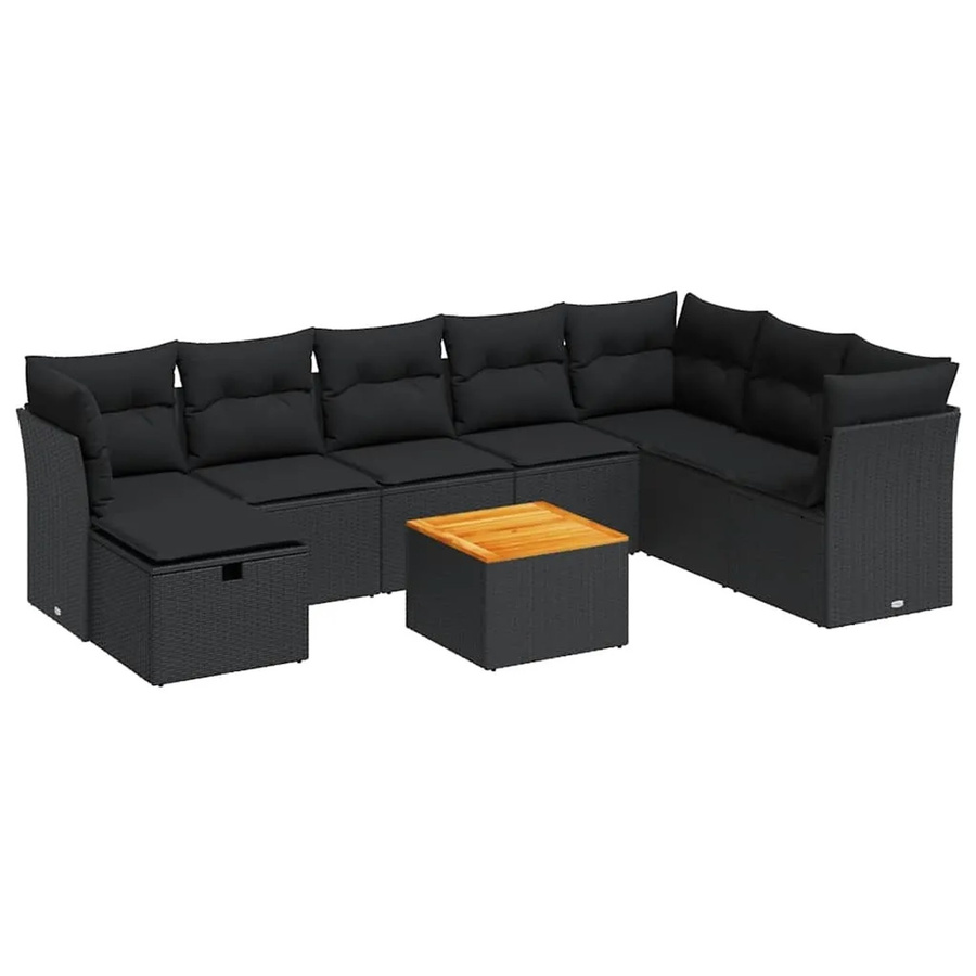 vidaXL 9-teilige Garten-Sofagarnitur mit Kissen aus Poly-Rattan und Akazienholz in Schwarz - Bild 2
