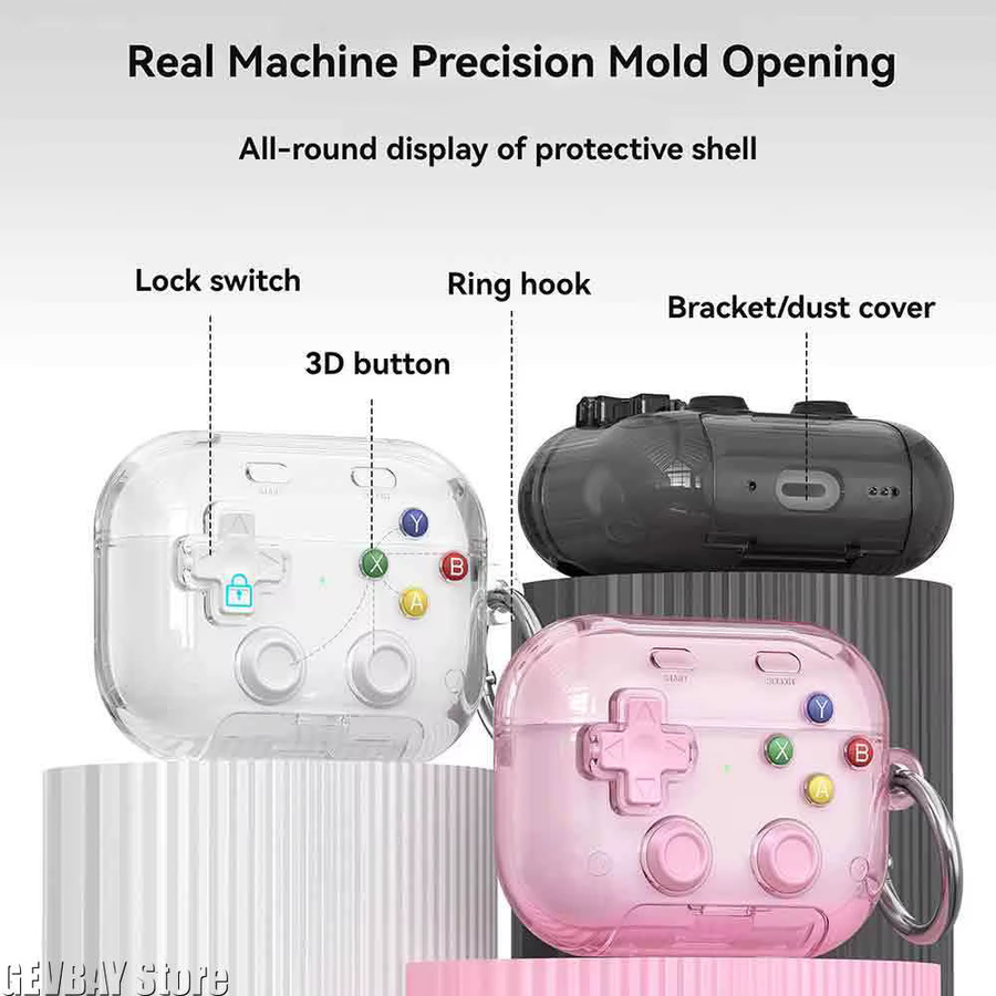 MeRealer Schutzhülle im 3D-Druckknopf-Spielcontroller-Design für Apple AirPods Pro, Pro 2, Pro 3 und Pro 4 mit Handyhalter-Funktion, transparent - Bild 4