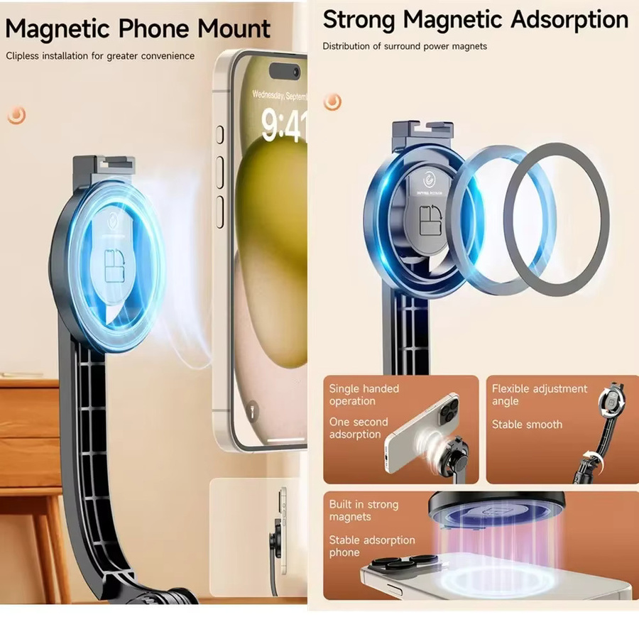 Magnetischer Mini-Selfie-Stick und Stativhalter mit kabelloser Bluetooth-Fernbedienung für MagSafe iPhone und Android, Schwarz, Marke OLPAY - Bild 2