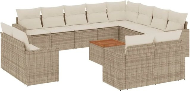 vidaXL 13-tlg. Garten-Sofagarnitur in L-Form aus Polyrattan und Akazienholz mit Kissen in Beige/Cremeweiß - Bild 1