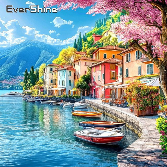 EverShine Diamantmalerei Landschaft am Meer mit Haus und Boot als quadratische Strass-Mosaik Stickerei - Bild 1