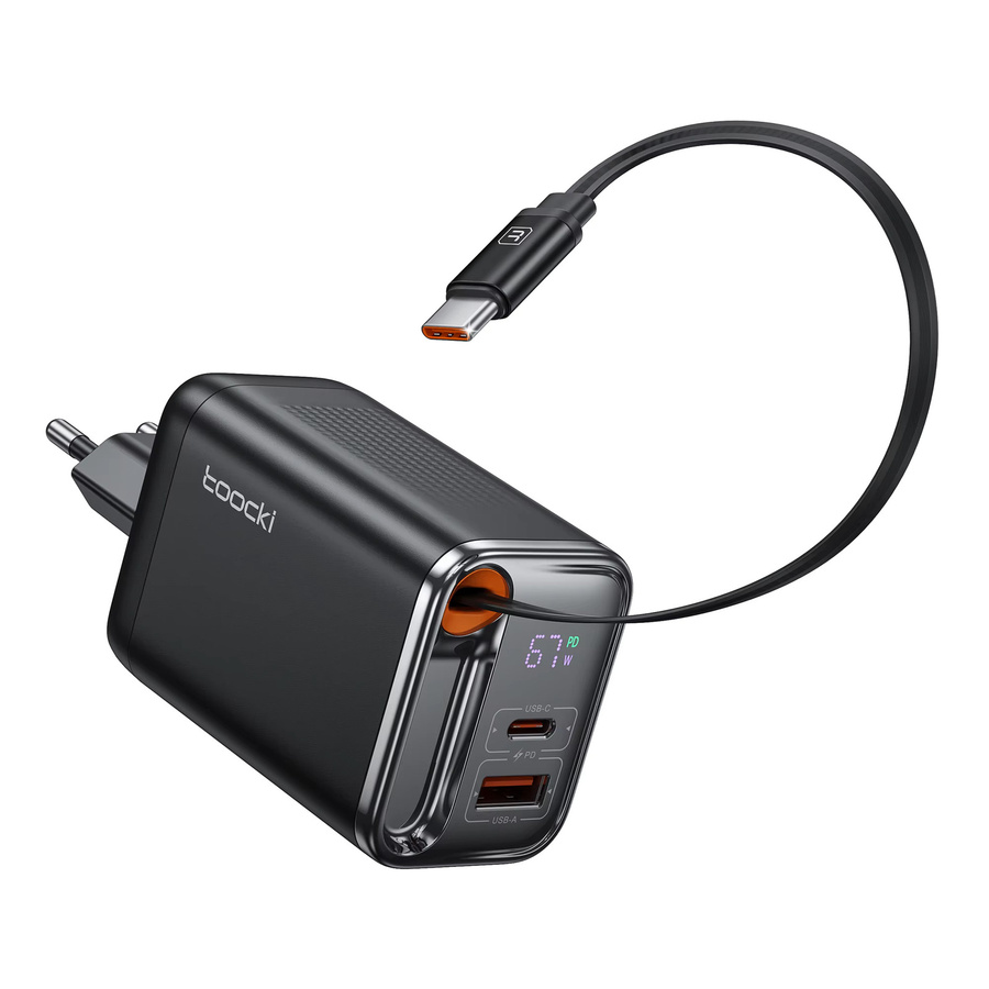 Toocki 67 W GaN USB-C-Ladegerät mit einziehbarem Typ-C-Kabel, Schwarz, Schnellladegerät mit PPS PD3.0 SFC2.0 für iPhone, Samsung und Laptop - Bild 4