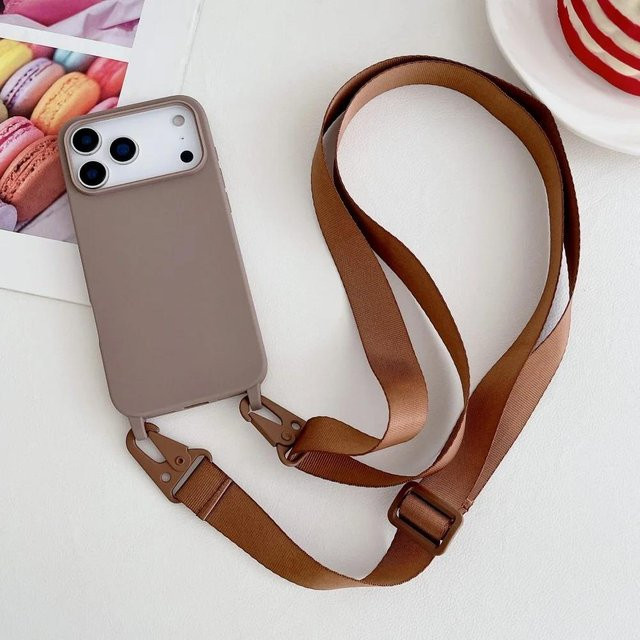 Stoßfeste iPhone Silikon-Schutzhülle mit Umhänge-Halskette und Lanyard in Braun - Bild 1