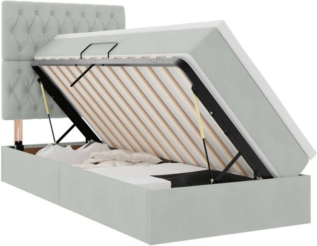 vidaXL Bett mit Stauraum und LED in Hellgrau aus Samt, B/H: 90 x 200 cm - Bild 1
