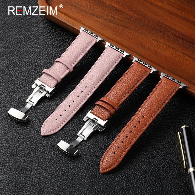 REMZEIM Uhrenarmband Leder, Schmetterlingsschnalle, Damen - Bild 1