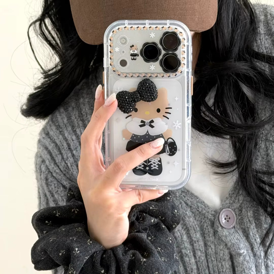 Sanrio Hello Kitty Handyhülle mit 3D Glitter Bogen Design in Schwarz für iPhone 13 bis iPhone 17 Pro Max inklusive Objektivschutz - Bild 2
