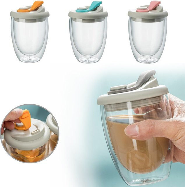 Dinkware Tragbarer Doppelwandiger Glasbecher mit auslaufsicherem Deckel, Transparent und Grau - Bild 1