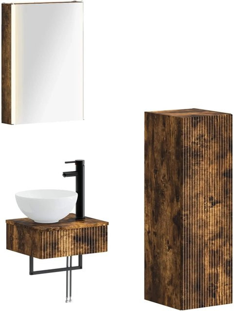 vidaXL Badezimmerschrank-Set 4-teilig in Geräucherte Eiche, modern, mit LED-Beleuchtung und Spiegelschrank, Braun Matt - Bild 1
