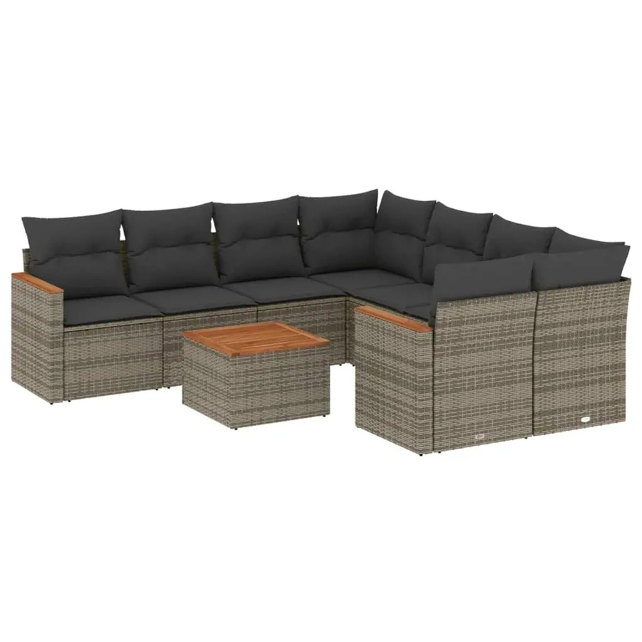 vidaXL 9-teilige Garten-Sofagarnitur aus Poly-Rattan und Akazienholz in Grau mit Kissen - Bild 2
