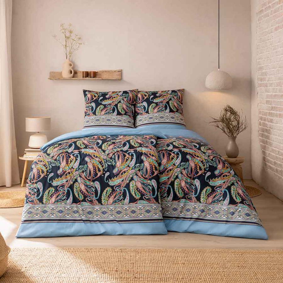 Estella Mako Jersey Bettwäsche Siena Indigo Paisley in Blau und Rosa, B/H: 135 x 200 cm mit Kissenbezug 80 x 80 cm - Bild 1