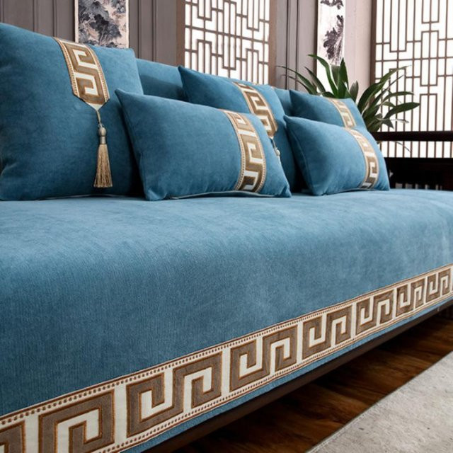 XIFEI Sofabezug im orientalischen Stil aus Chenille, rutschfeste Couchkissen-Matte, Blau, B/B/H: 90 x 90 x 0 cm - Bild 1
