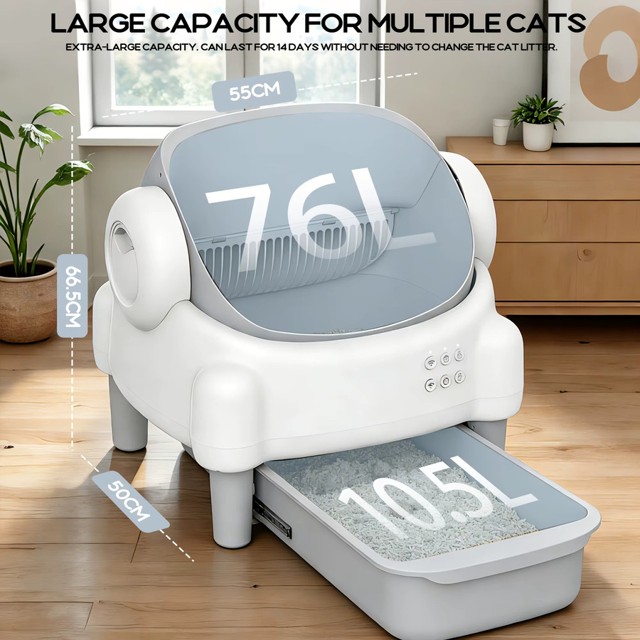 MIAOERDUO Elektrische Katzentoilette in Weiß, selbstreinigend und offen mit 76L Volumen, App-Überwachung via 2.4G WLAN, Sicherheitssensoren sowie Aromatherapie-Reinigungsbürste und Müllbeuteln - Bild 2