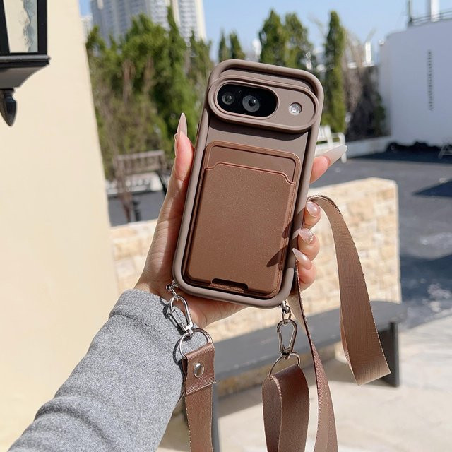 Luxus Silikon Geldbörse und Kartenhalter mit Crossbody-Lanyard-Riemen für Google Pixel 10 9 Pro 9A 8 7 Pro XL, Farbe: Braun - Bild 1