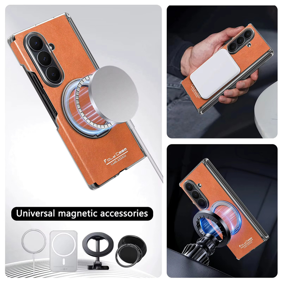 Retro Leder Handyhülle für Samsung Galaxy Z Fold 7 6 5 mit 360 Grad drehbarem Ringhalter und magnetischer kabelloser Ladefunktion in Schwarz - Bild 4