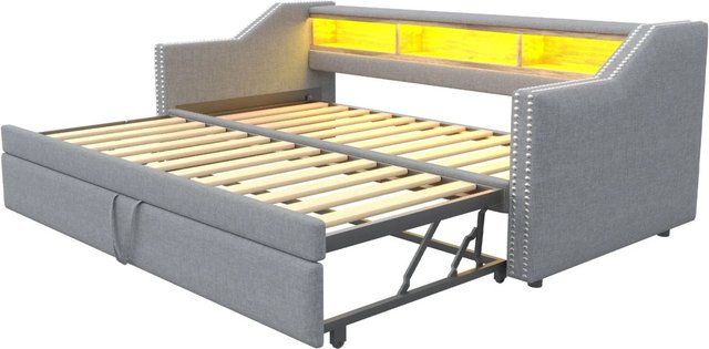 Merax Schlafsofa Hellgrau mit LED-Unterbettbeleuchtung, USB-Anschluss und Stauraum, B/T/H: 90 x 190 x 102 cm - Bild 1