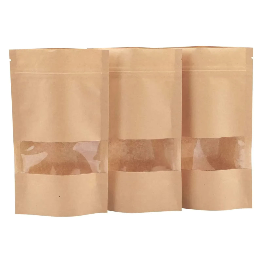 Wiederverschließbare Kraftpapier-Fenstertaschen in Braun zur Aufbewahrung von Lebensmitteln wie Keksen oder Tee mit Druckverschluss und Sichtfenster - Bild 5