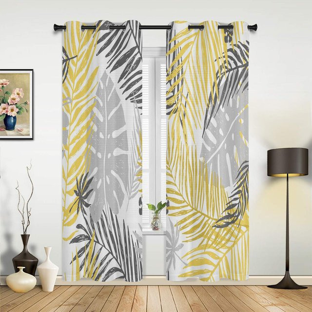 Yiran Furniture Vorhänge mit Palmenblatt-Design in Gelb, Grau und Weiß, semi-transparent, B: 135 cm, H: 137 cm, 2er-Set - Bild 1