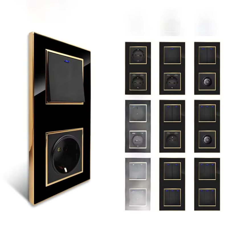 Wallpad Vertikales Acryl-Panel in Schwarz mit Goldrand, Wandlichtschalter mit USB-Aufladung und EU-Steckdose - Bild 5