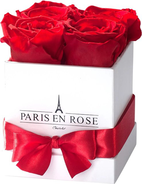 PARIS EN ROSE Rosenbox eckig in Weiß mit 4 roten Rosen und Schleife - Bild 1
