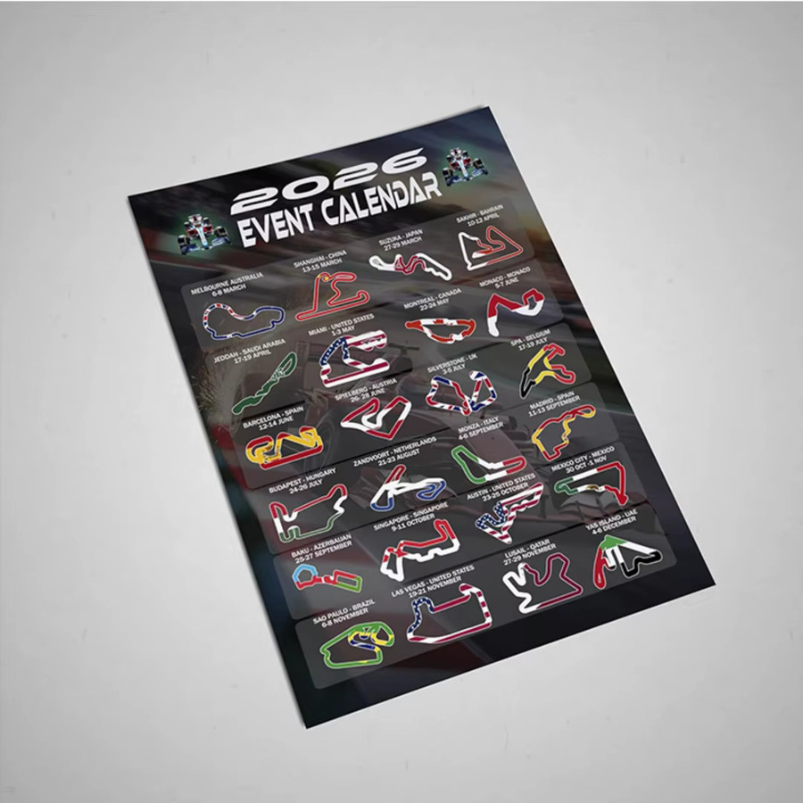 Geschenke und Versuchungen 2026 Formel Racing Event Kalender Poster mit Track Layouts und Nationalflaggen, Wandkunstdruck in Mehrfarbig - Bild 4