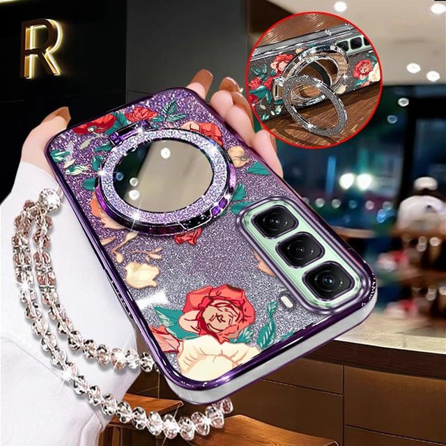 Handyhülle mit roten Rosen und Lanyard für Infinix Hot 50, 60, 40 und 30 Serien in Rot/Silber - Bild 1