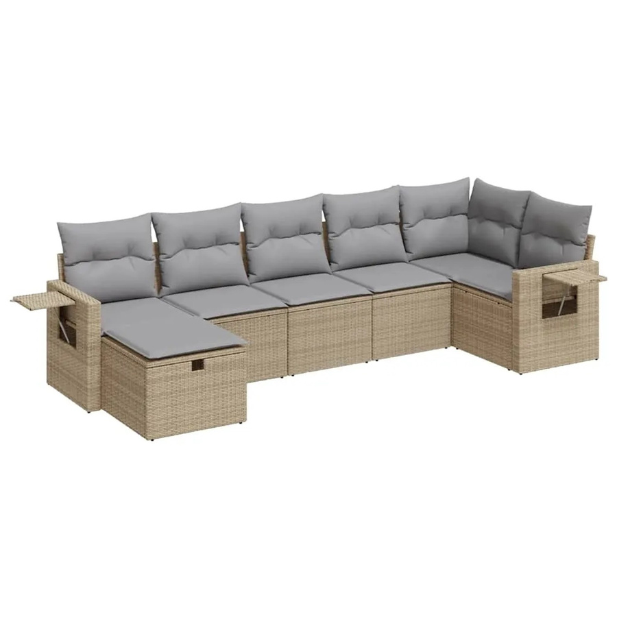 vidaXL 7-teilige Garten-Sofagarnitur in L-Form mit Kissen und Ottoman, Beige, Poly-Rattan mit Metallgestell - Bild 2