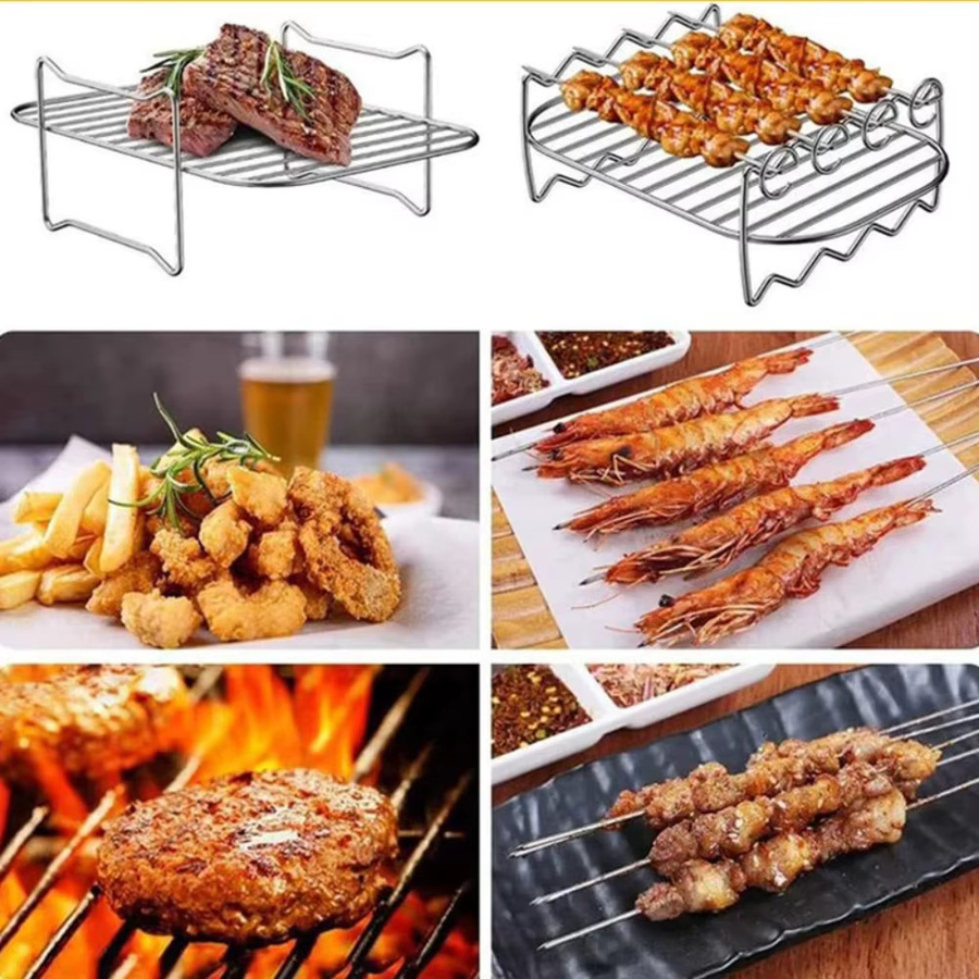 FEB.WIND Edelstahl Air Fryer Backrost Set, Stapelbares Grill Mesh Pan und Mehrzweck Spieß Rack Zubehör für Heißluftfritteusen, Silber - Bild 5